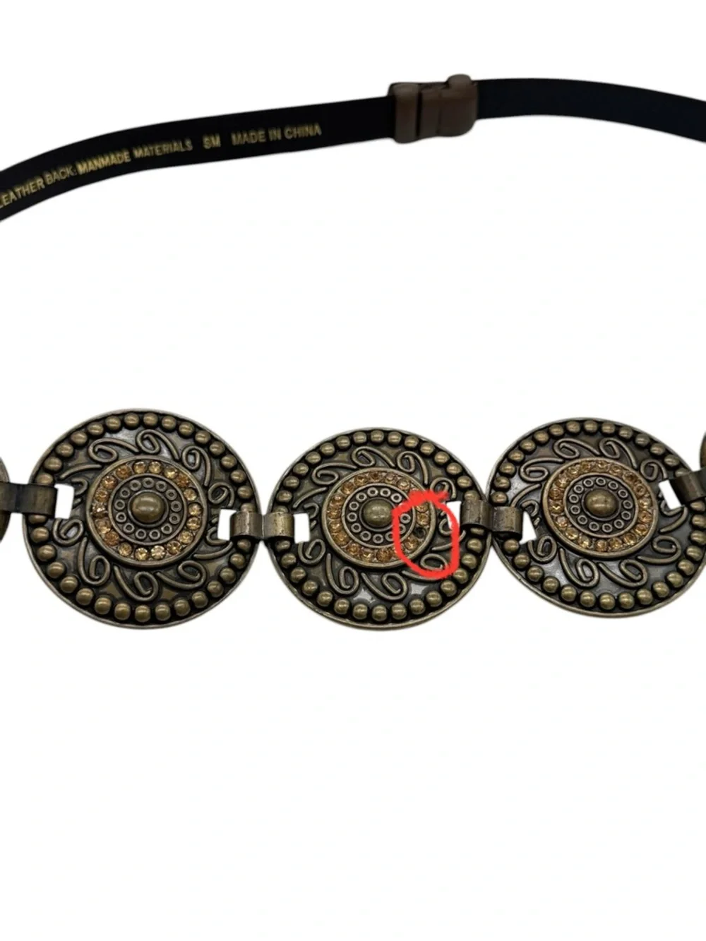 Chico’s Western Leather Belt Brown Bronze Concho Medallion Statement Sz SM